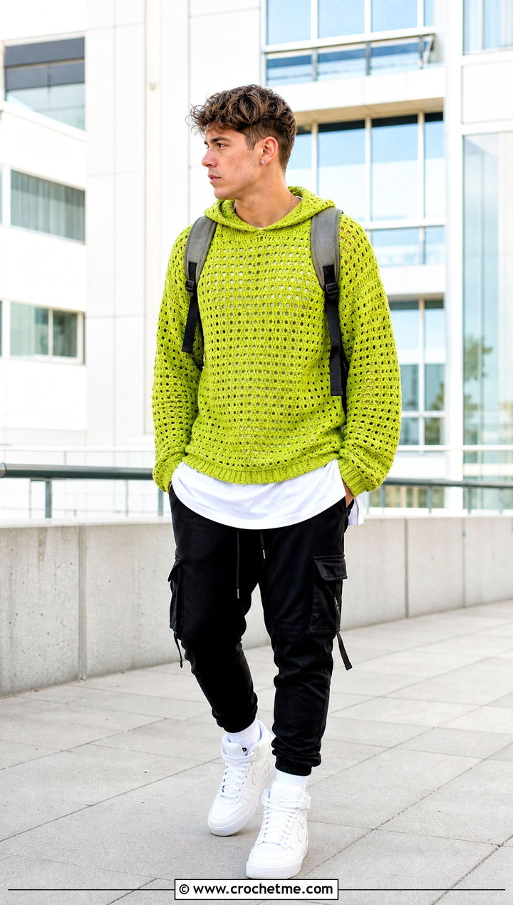 Crochet Hoodie Sweater With Cargo Joggers - 30 crochet sweater for man outfit ideas