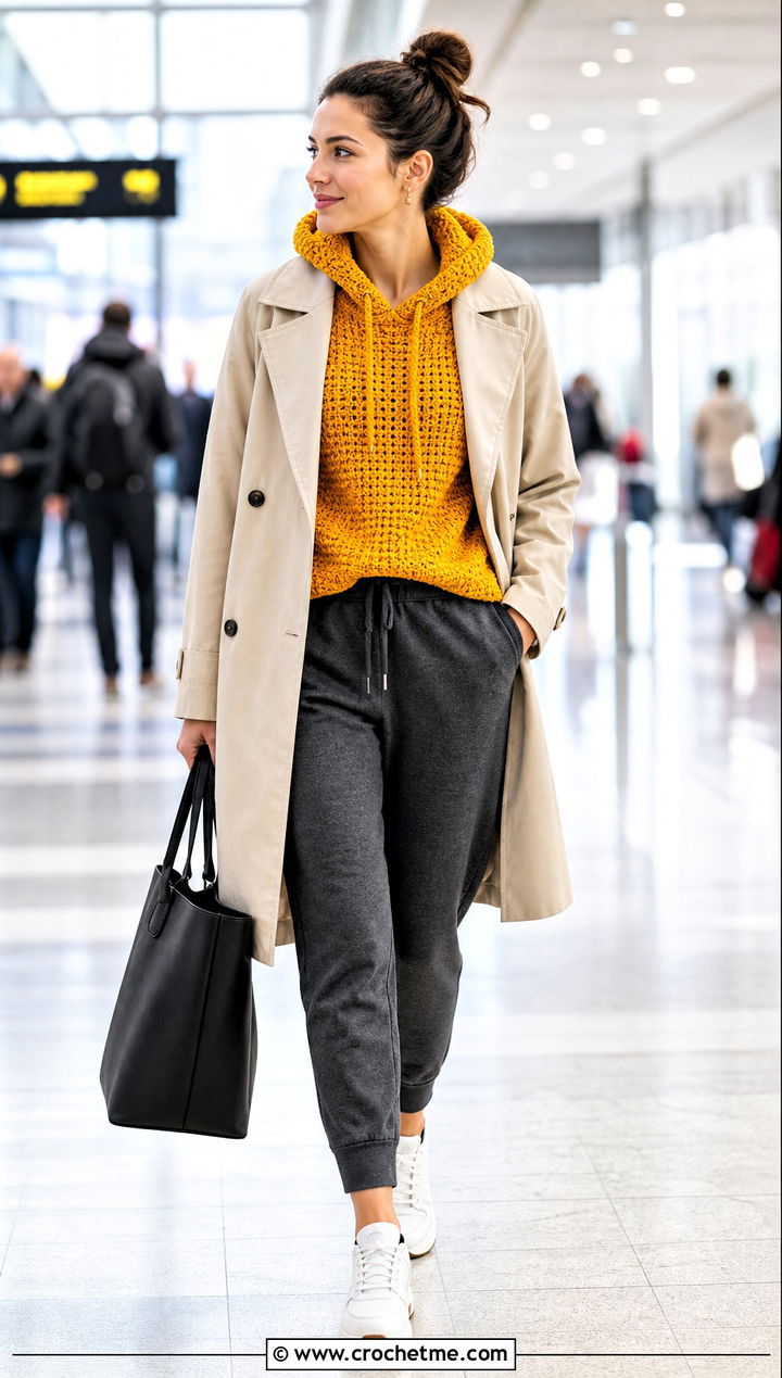 Crochet Hoodie Sweater With Joggers And Trench Coat - 30 knit look crochet sweater outfit ideas