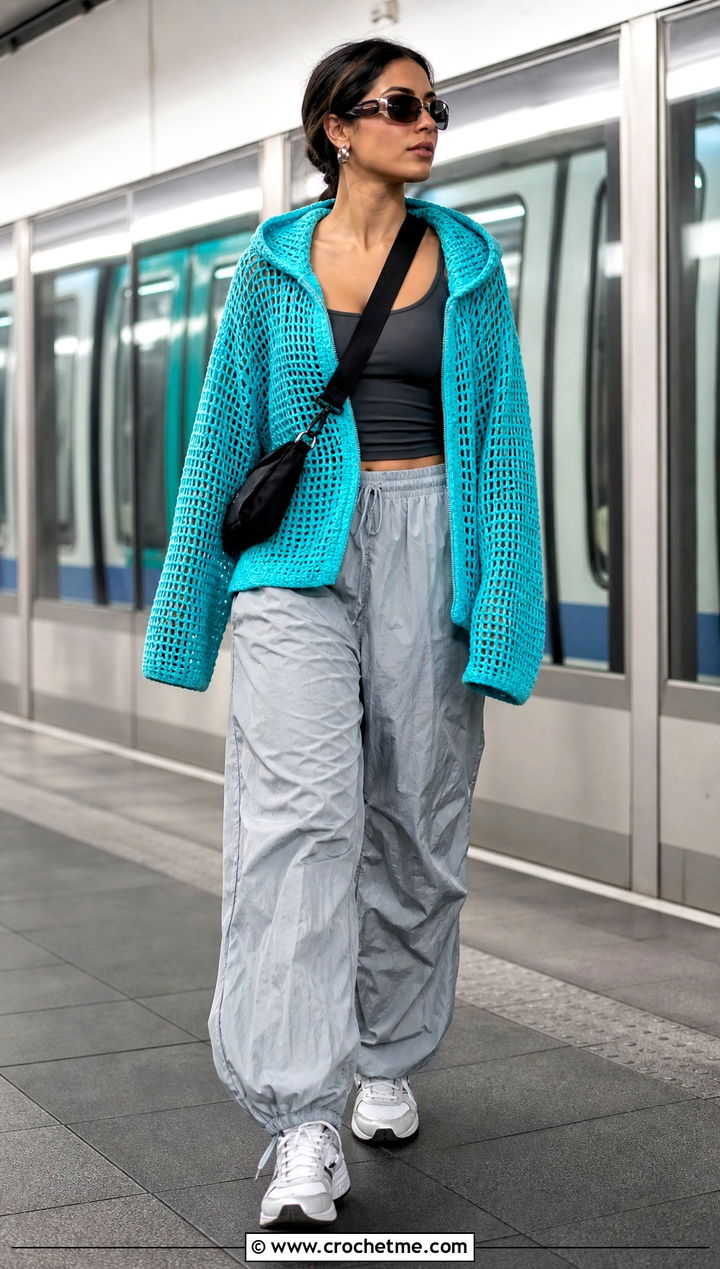 Crochet Hoodie Sweater With Parachute Pants - 15 Crochet Shirt Sweaters & Cardigans outfit ideas