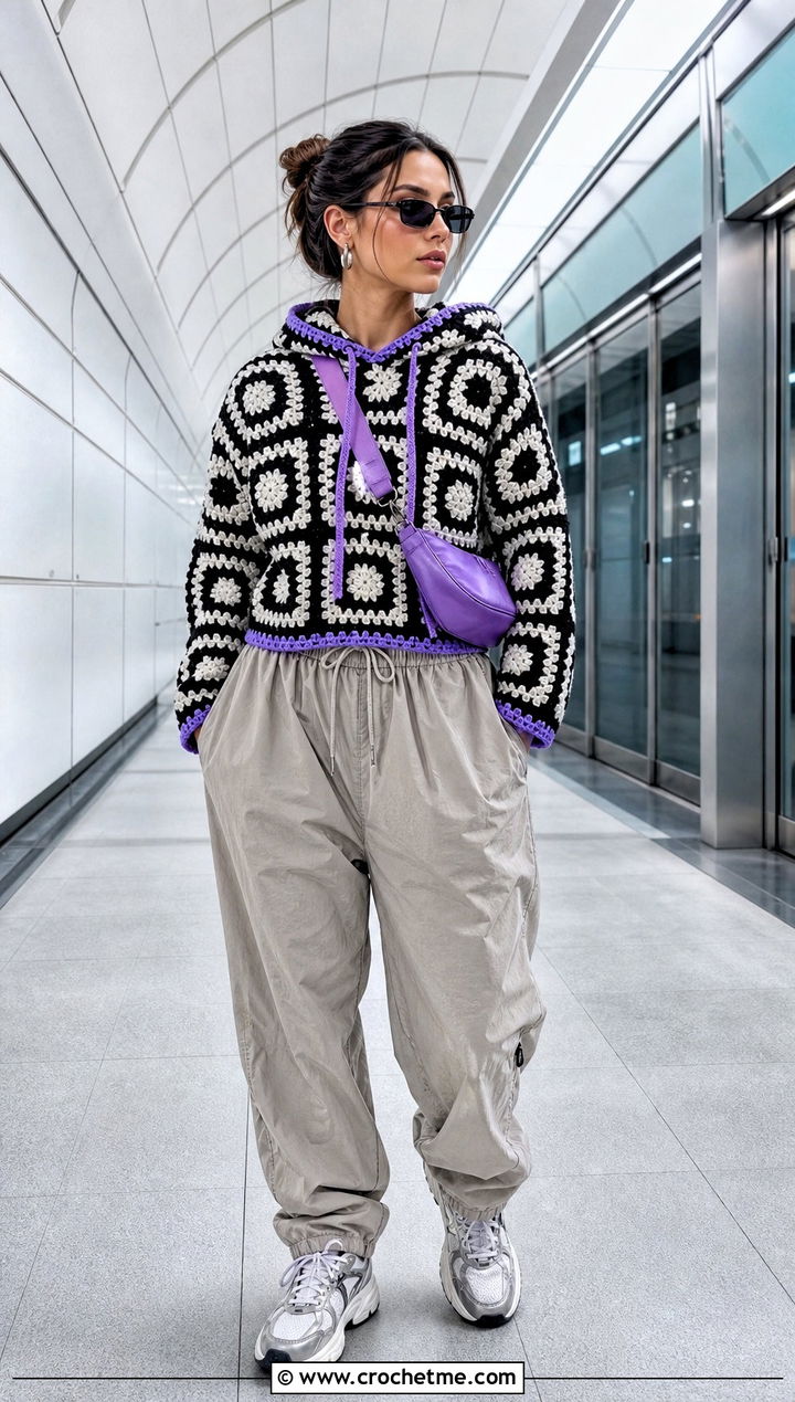 Crochet Hoodie Sweater With Parachute Pants - 35 black and white crochet sweater outfit ideas