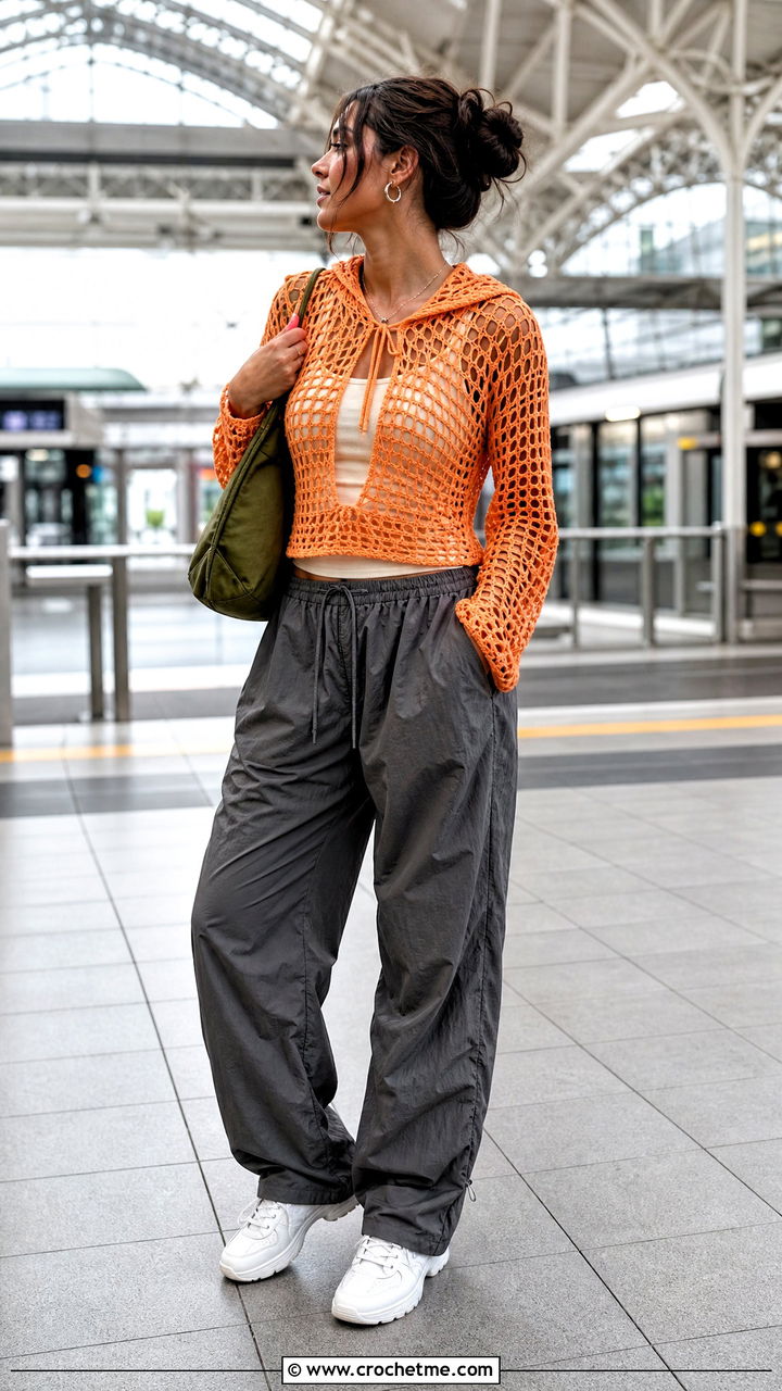 Crochet Hoodie Top With Parachute Pants - 35 crochet knit top outfit ideas