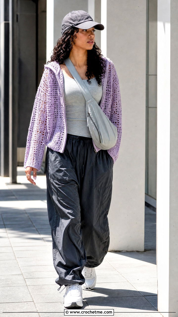 Crochet Hoodie Top With Parachute Pants - 35 easy crochet tops outfit ideas
