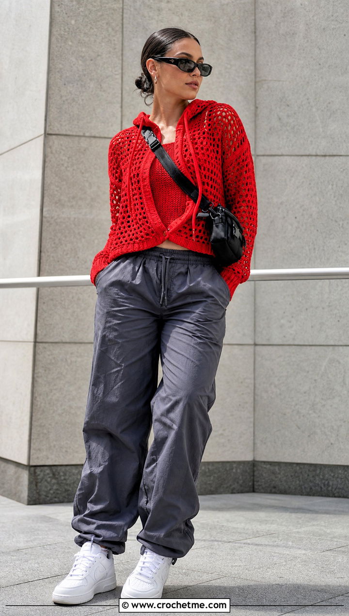 Crochet Hoodie Top With Parachute Pants - 35 spring crochet top outfit ideas