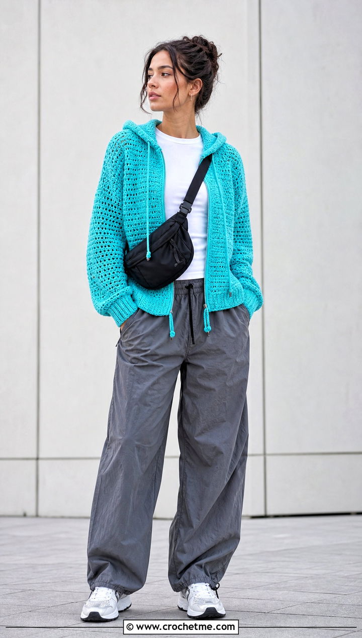 Crochet Hoodie Top With Parachute Pants - 25 crochet top not cropped outfit ideas