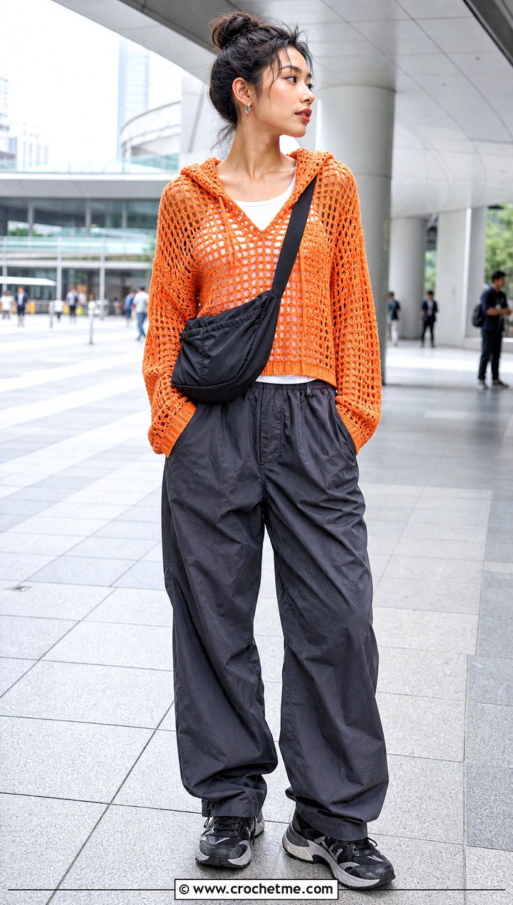 Crochet Hoodie Top With Parachute Pants - 30 unique crochet top outfit ideas
