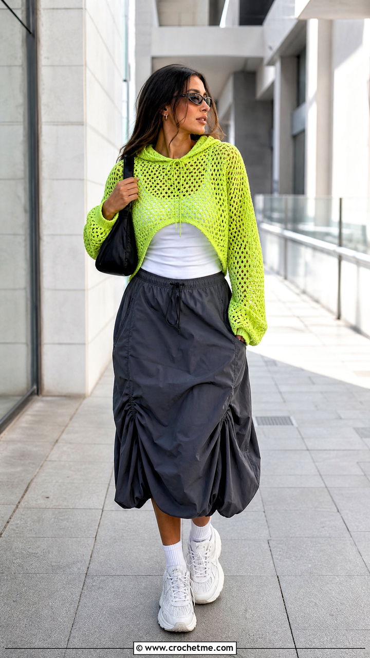 Crochet Hoodie Top With Parachute Skirt - 35 Crochet Top And Skirt outfit ideas