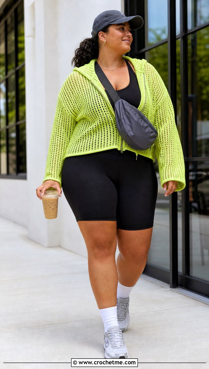 Crochet Hoodie With Bike Shorts And Running Shoes - 35 plus size crochet outfit ideas