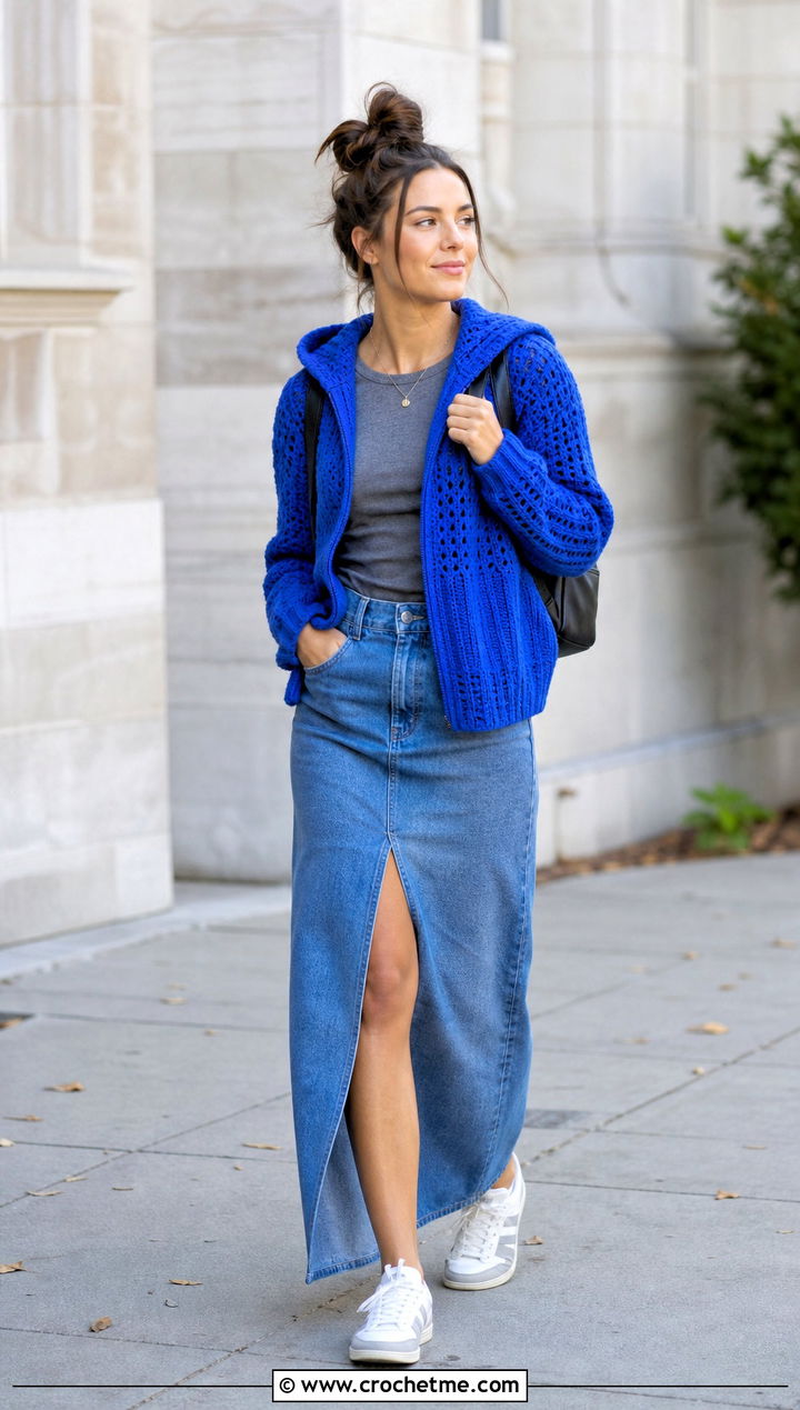 Crochet Hoodie With Denim Maxi Skirt - 30 crochet fall outfits ideas