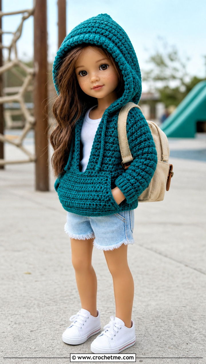 Crochet Hoodie With Denim Shorts Doll Outfit - 15 Crochet Doll Clothes English outfit ideas