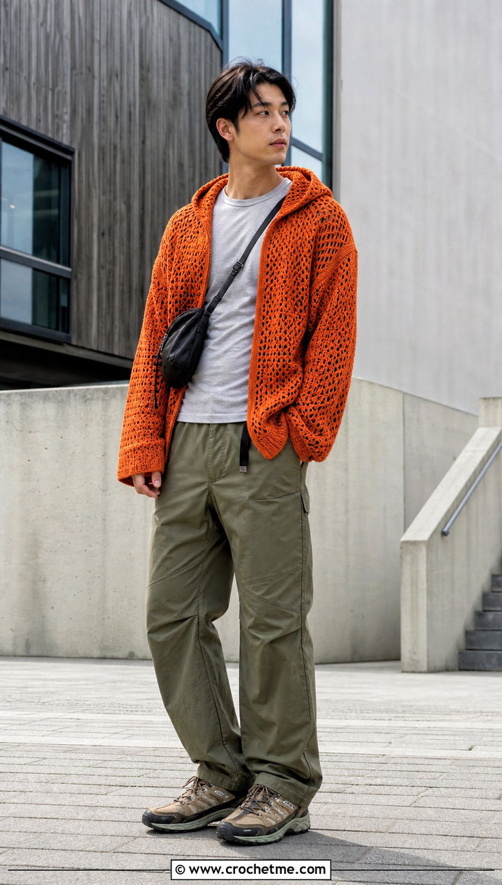 Crochet Hoodie With Technical Cargo Pants - 30 Mens Crochet Outfit ideas