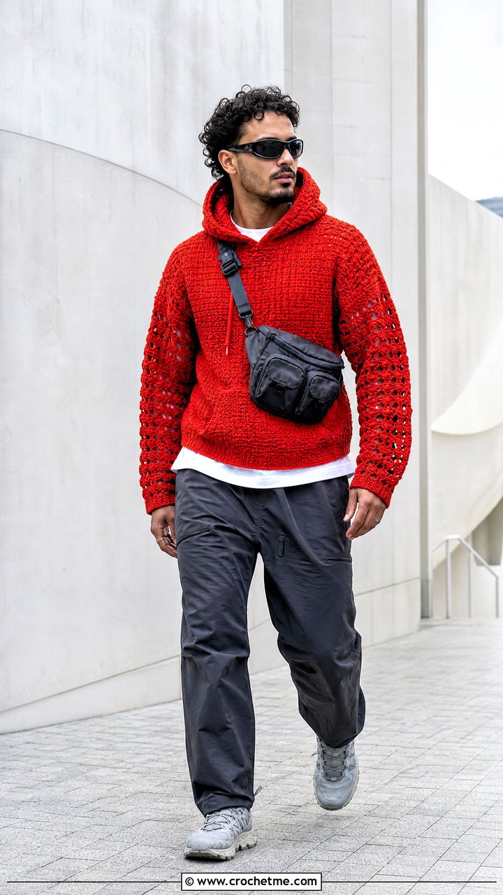 Crochet Hoodie With Technical Pants - 35 crochet top for men outfit ideas