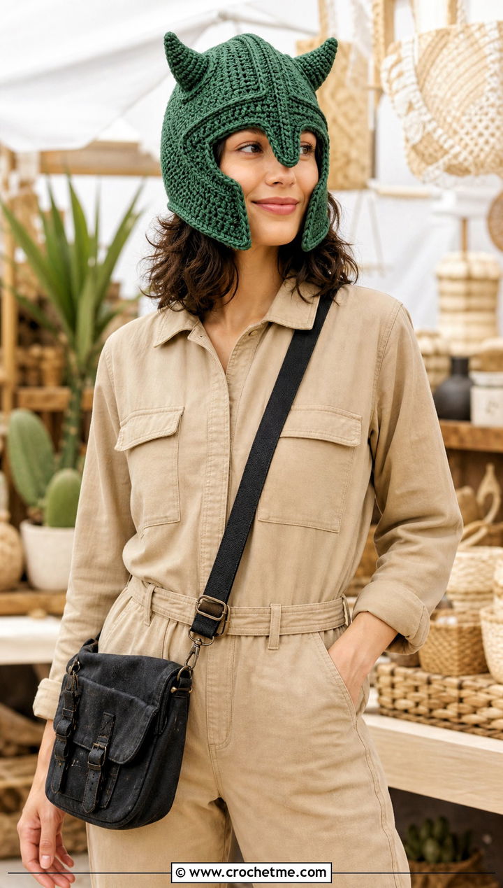 Crochet Horned Fantasy Knight Hat With Utility Jumpsuit - 15 Knight Crochet Hat outfit ideas