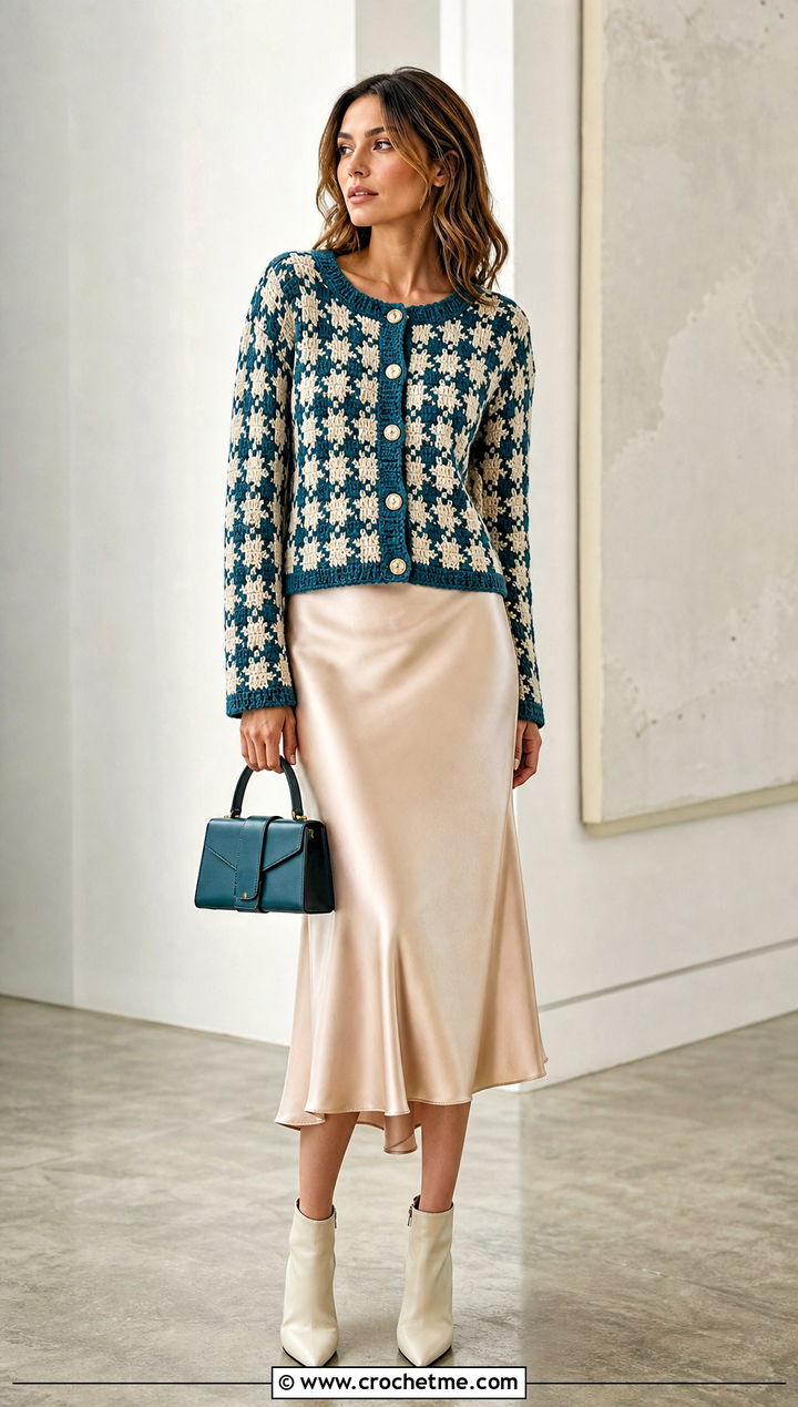 Crochet Houndstooth Cardigan With Satin Slip Skirt - 35 crochet houndstooth sweater outfit ideas