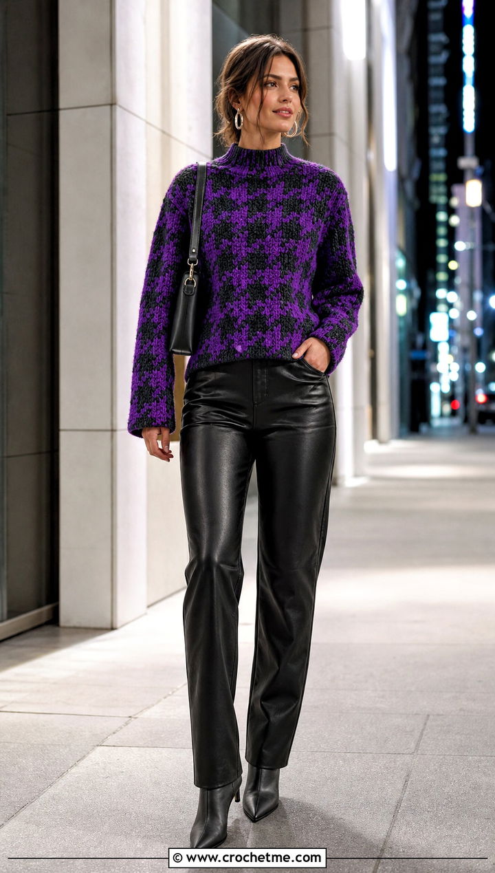 Crochet Houndstooth Mock Neck Sweater With Leather Pants - 35 crochet houndstooth sweater outfit ideas