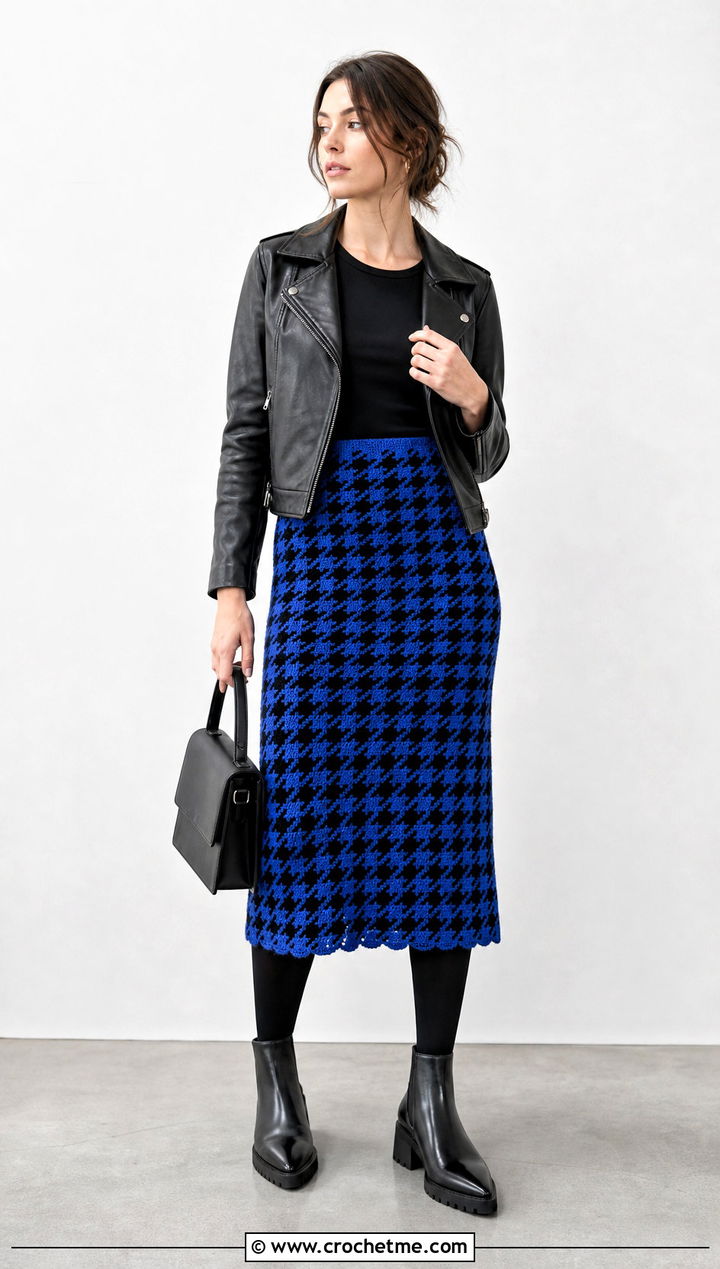 Crochet Houndstooth Skirt With Biker Jacket - 35 Crochet Grunge Clothes and outfit ideas