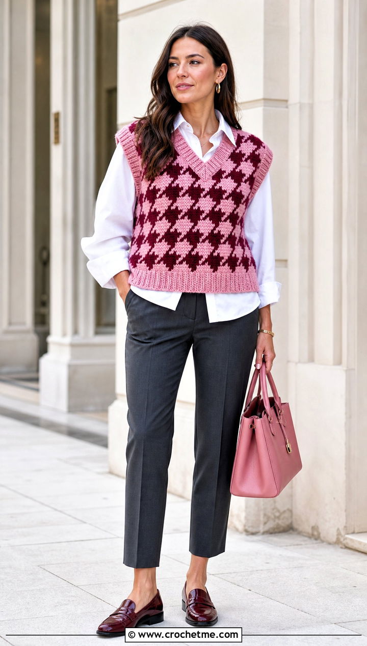 Crochet Houndstooth Sweater Vest With White Button Down Shirt - 35 crochet houndstooth sweater outfit ideas