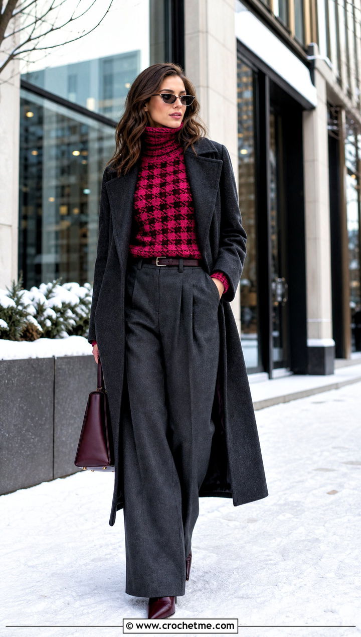 Crochet Houndstooth Turtleneck Sweater With Wool Trousers - 35 crochet houndstooth sweater outfit ideas