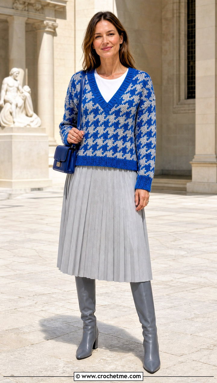 Crochet Houndstooth V Neck Sweater With Pleated Midi Skirt - 35 crochet houndstooth sweater outfit ideas