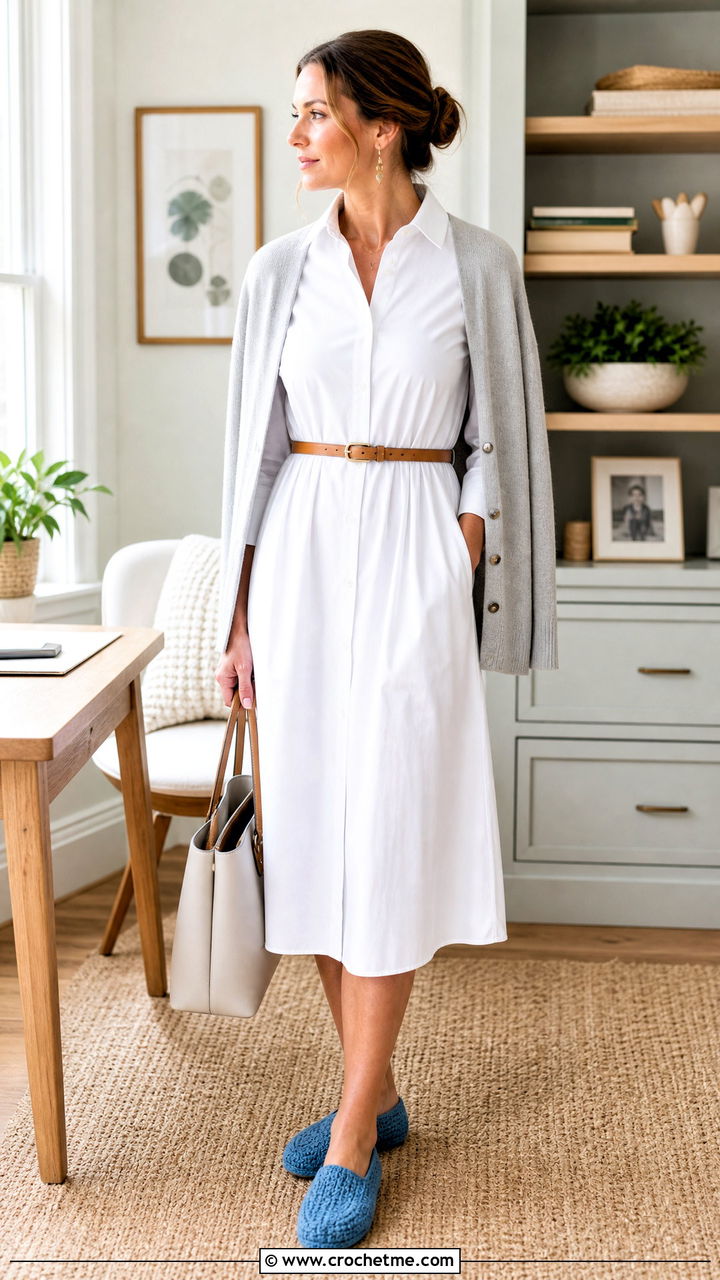 Crochet House Shoes With A Belted Shirt Dress - 35 crochet slipper outfit ideas