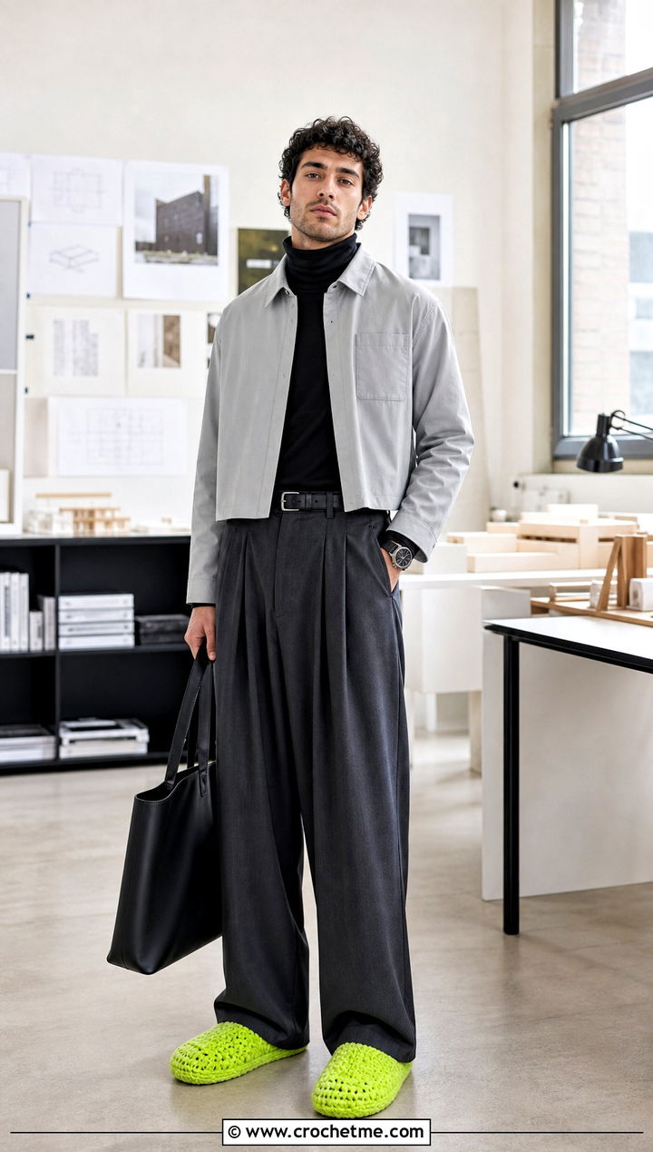 Crochet House Shoes With Turtleneck and Wide Leg Pants - 35 mens crochet slippers outfit ideas