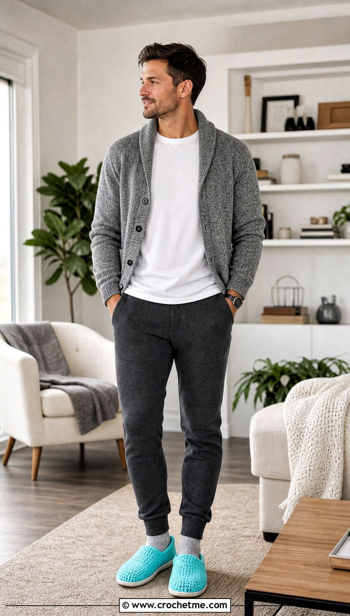 Crochet House Slippers With Elevated Loungewear - 25 crochet shoes for men outfit ideas