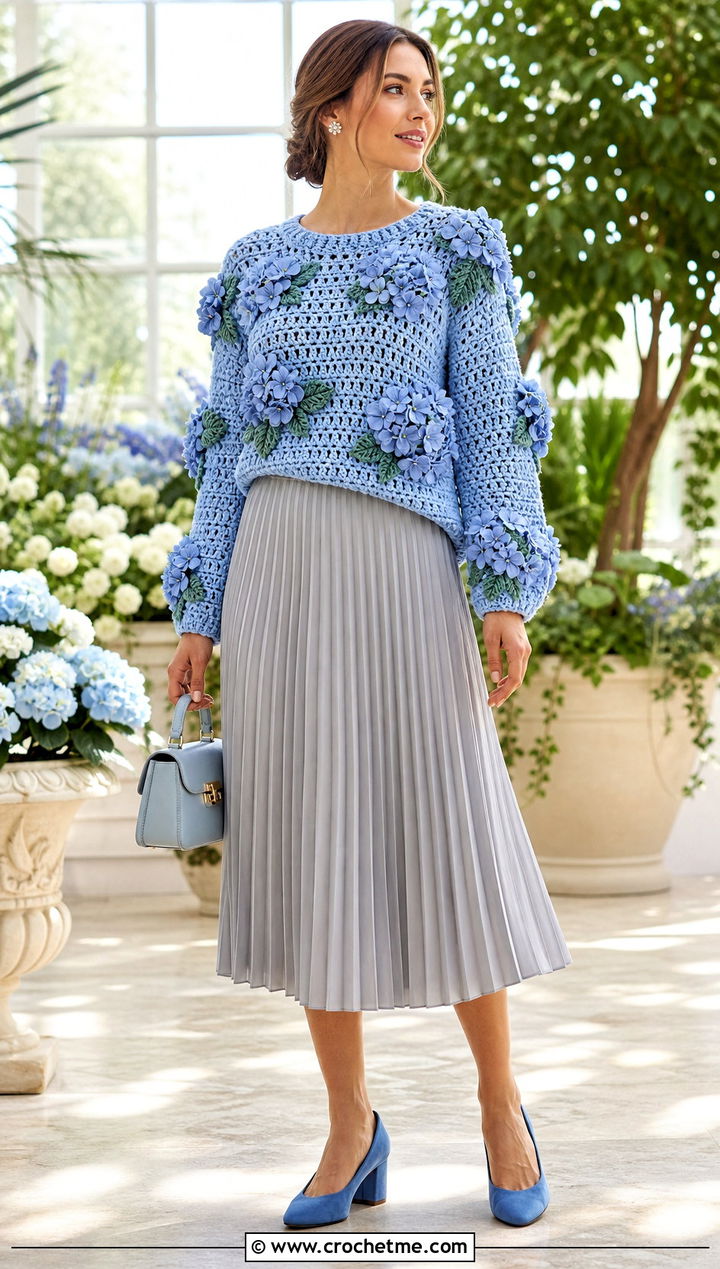 Crochet Hydrangea Sweater With Pleated Midi Skirt - 30 crochet flowers on sweater outfit ideas