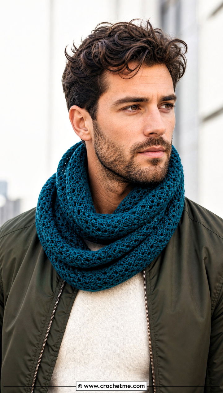 Crochet Infinity Scarf With Bomber Jacket - 30 easy crochet scarf men outfit ideas