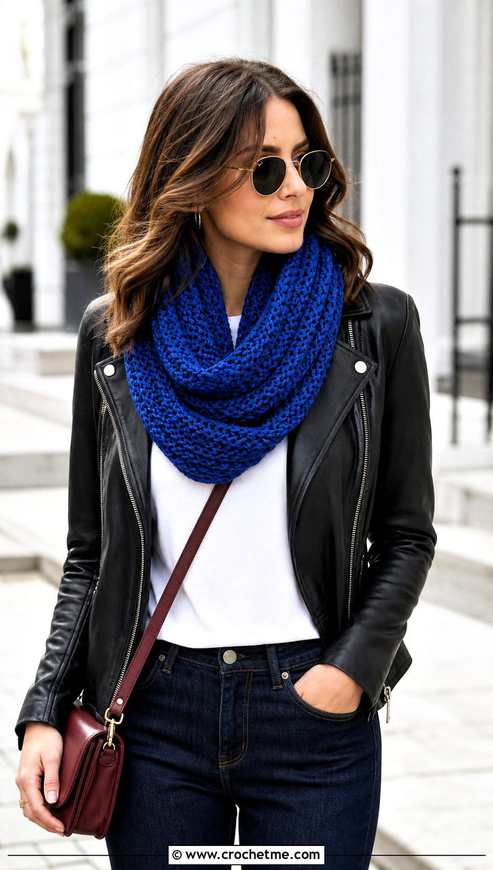 Crochet Infinity Scarf With Leather Jacket And Jeans - 15 elegant crochet scarf design outfit ideas