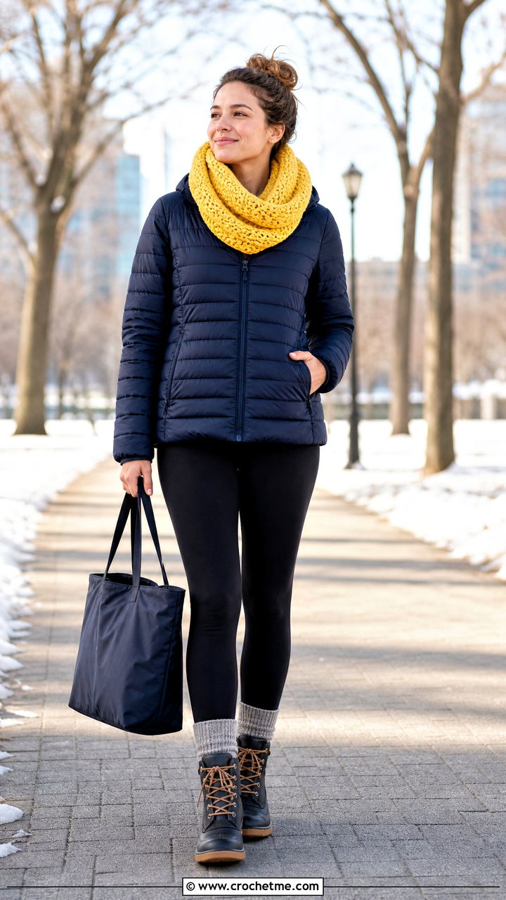Crochet Infinity Scarf With Puffer Jacket - 35 easy crochet scarves outfit ideas