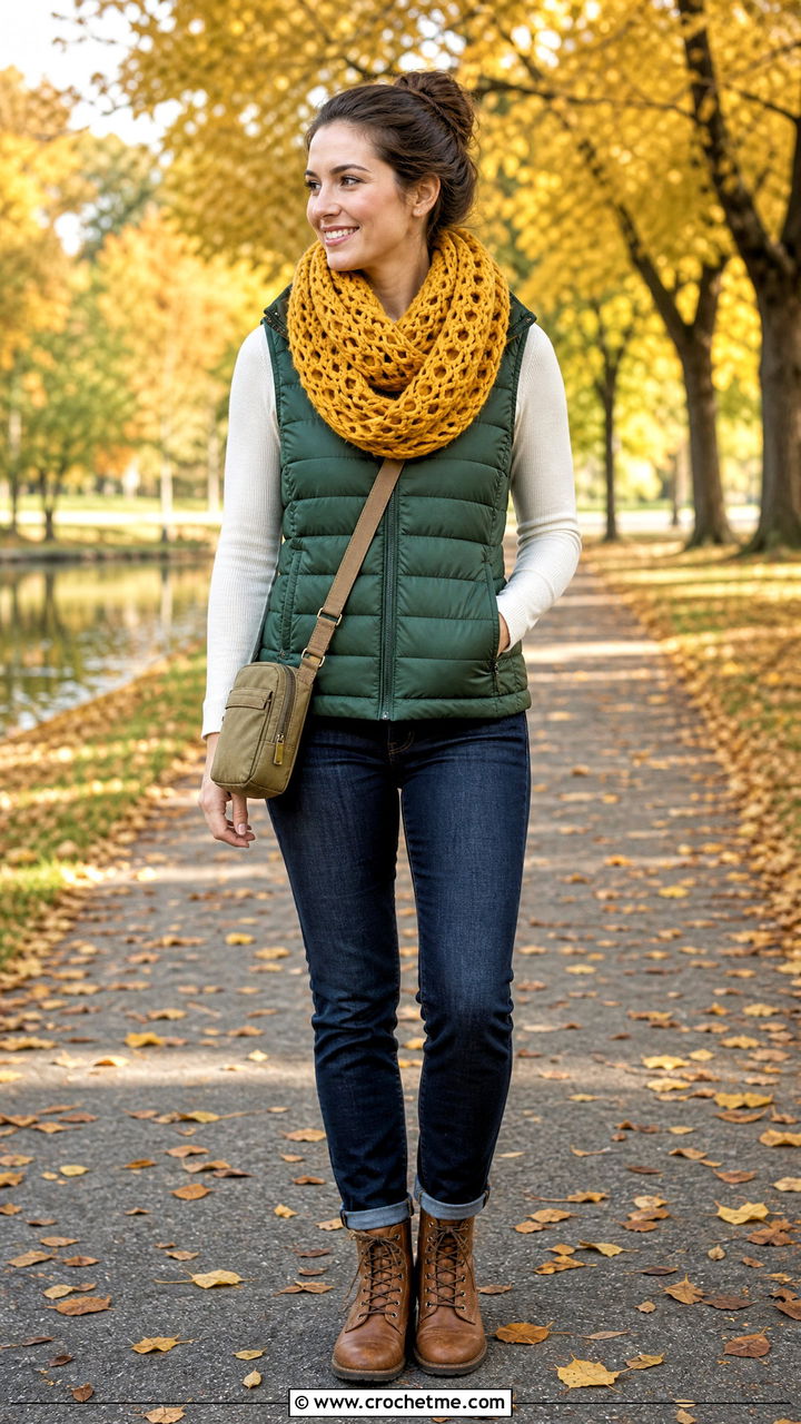 Crochet Infinity Scarf With Puffer Vest - 35 crochet accessories outfit ideas