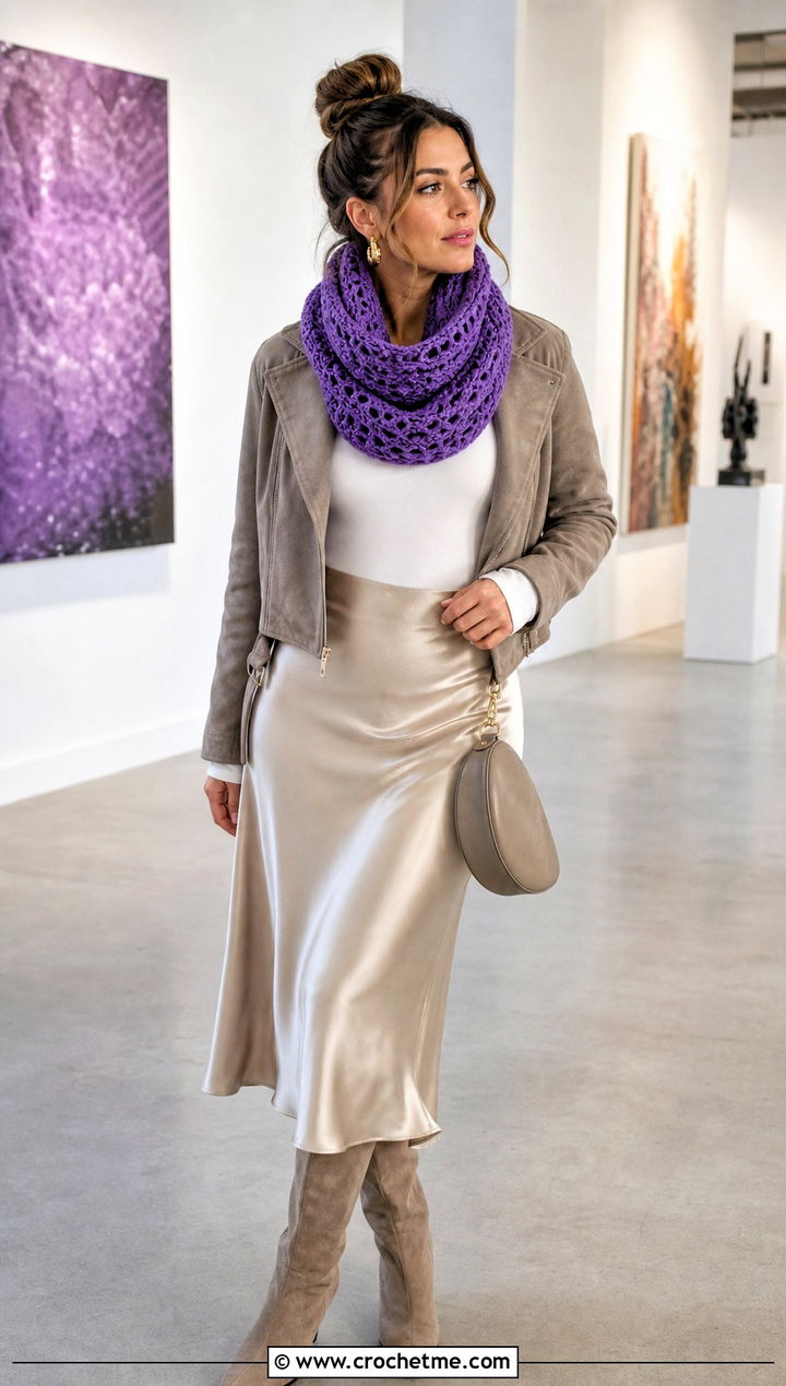 Crochet Infinity Scarf With Satin Skirt - 15 unusual crochet scarf outfit ideas
