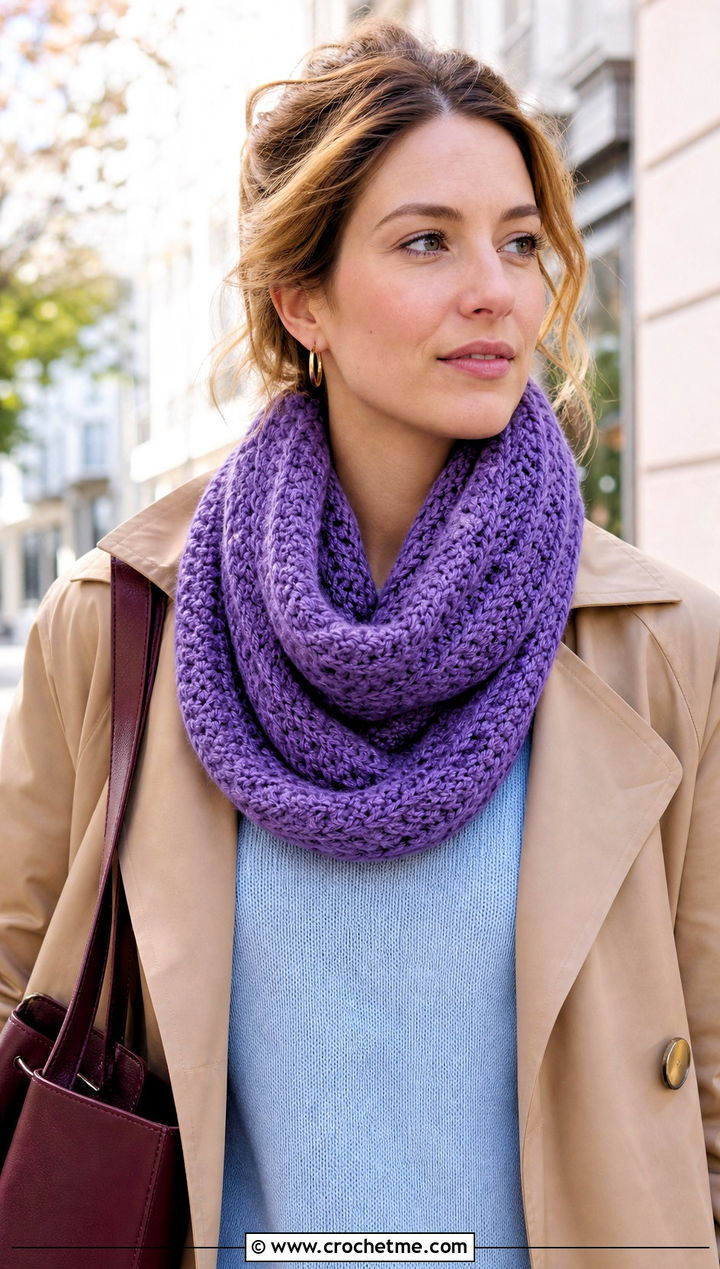 Crochet Infinity Scarf With Trench Coat - 25 Beautiful Crochet Scarf outfit ideas