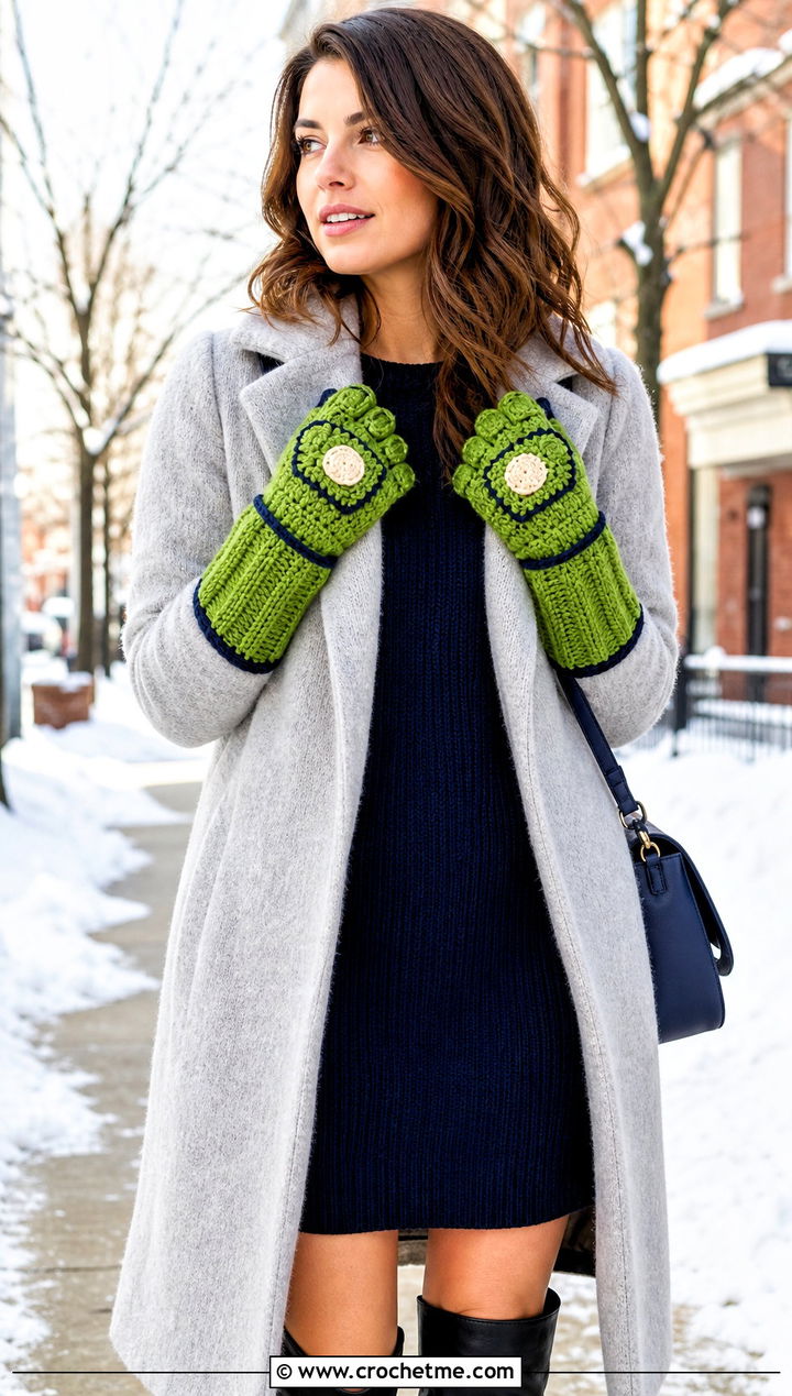 Crochet Iron Man Chunky Gauntlet Mitts With Sweater Dress - 20 Crochet Iron Man Gloves outfit ideas