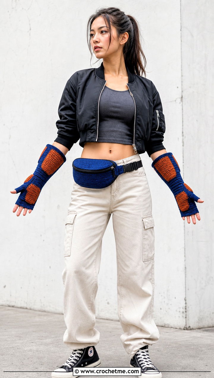 Crochet Iron Man Color Block Gauntlets With Bomber Jacket - 20 Crochet Iron Man Gloves outfit ideas