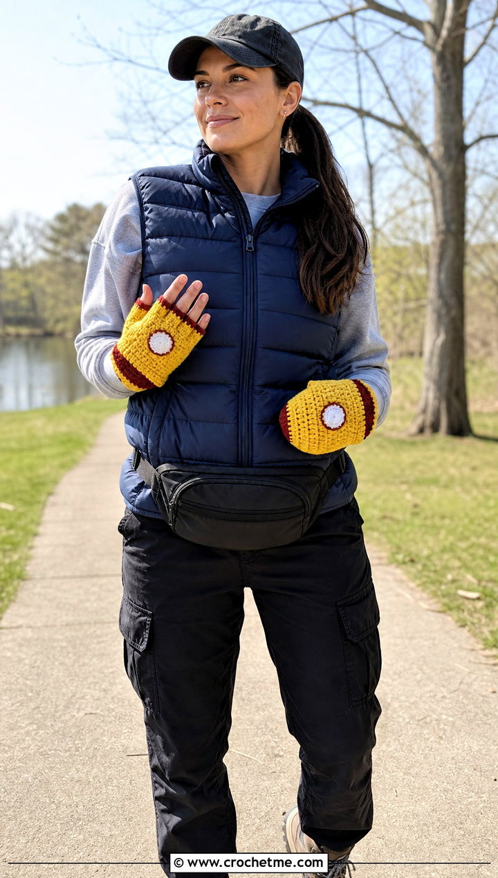 Crochet Iron Man Convertible Gloves With Puffer Vest - 20 Crochet Iron Man Gloves outfit ideas