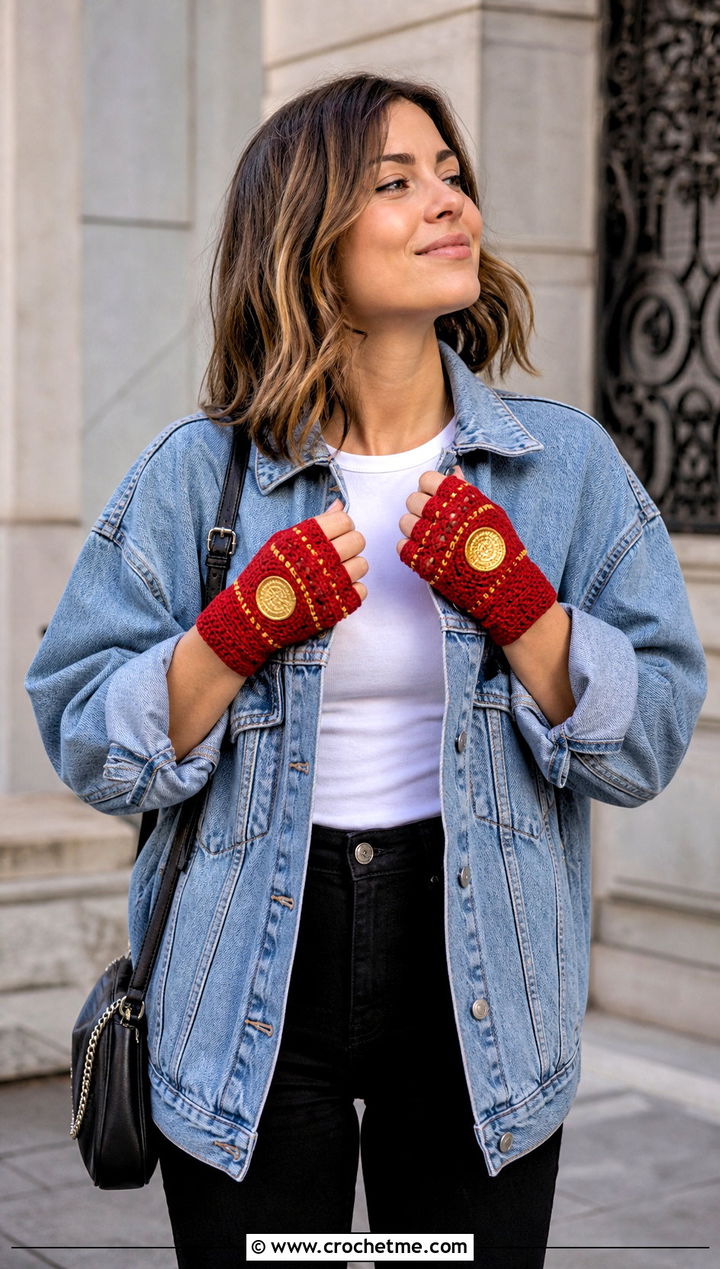 Crochet Iron Man Fingerless Gloves With Denim Jacket - 20 Crochet Iron Man Gloves outfit ideas