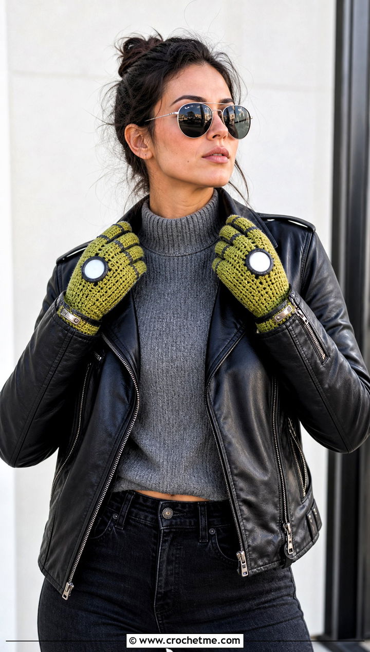 Crochet Iron Man Full Finger Gloves With Leather Jacket - 20 Crochet Iron Man Gloves outfit ideas