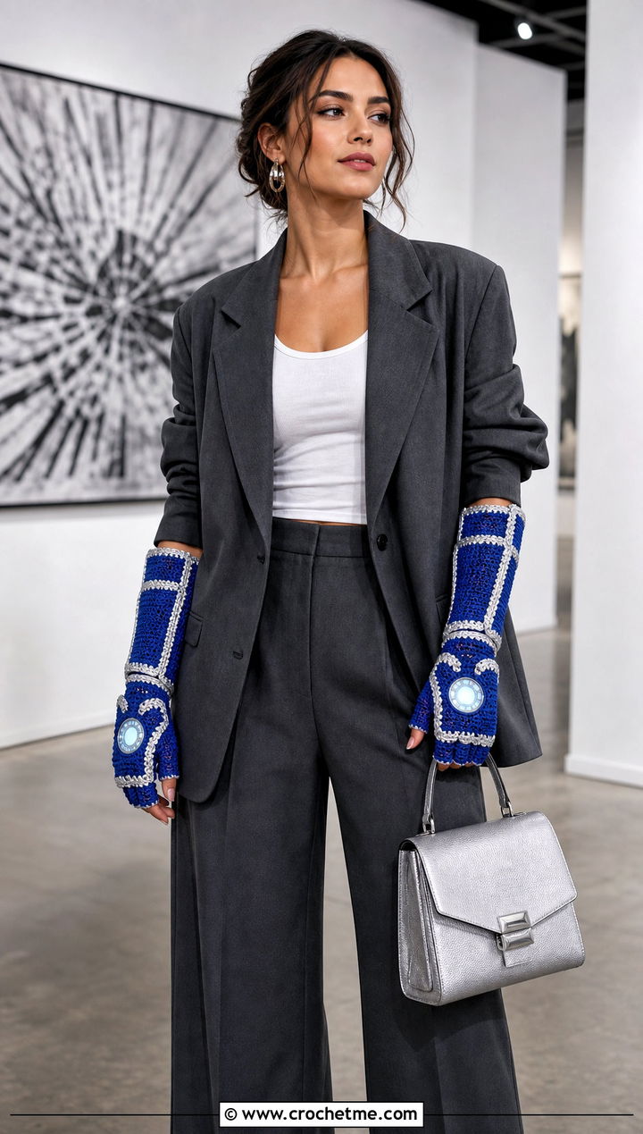 Crochet Iron Man Long Gauntlet Gloves With Blazer - 20 Crochet Iron Man Gloves outfit ideas