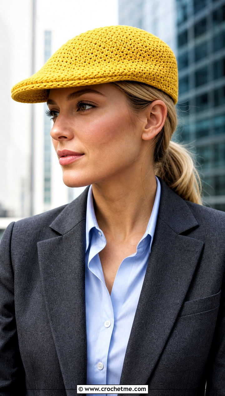 Crochet Ivy Cap With Blazer And Trousers - 20 Flat Top Crochet Hat outfit ideas