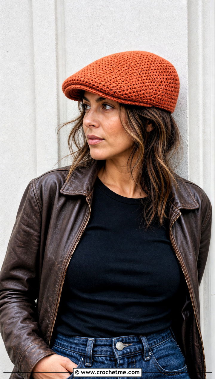 Crochet Ivy Cap With Leather Jacket And Straight Jeans - 20 flat crochet hat outfit ideas