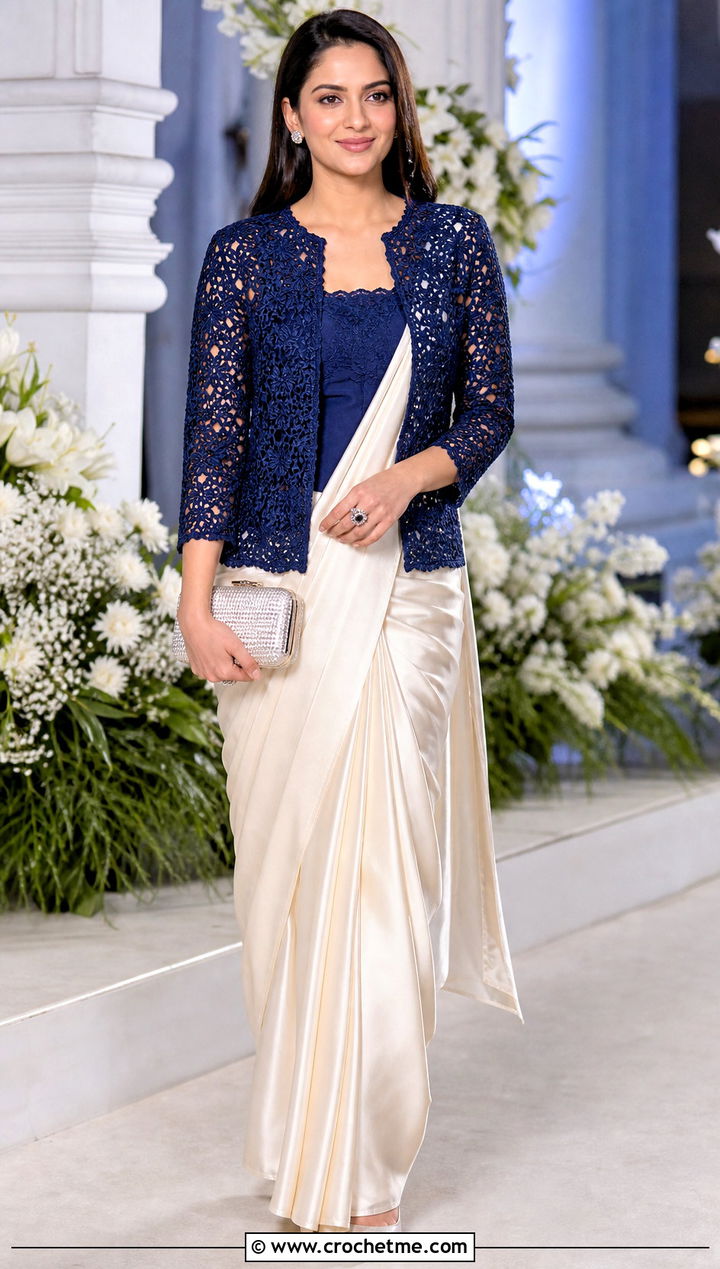 Crochet Jacket Blouse With Plain Silk Saree - 35 Crochet Blouse For Saree outfit ideas