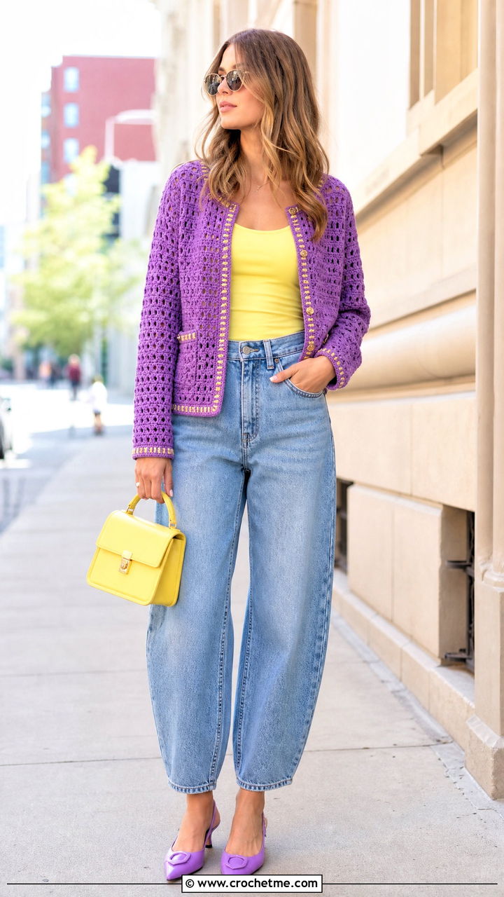 Crochet Jacket With Barrel Jeans - 35 crochet jacket outfit ideas
