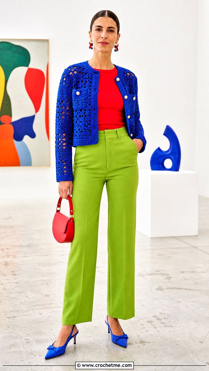 Crochet Jacket With Color Block Separates - 35 crochet jacket outfit ideas