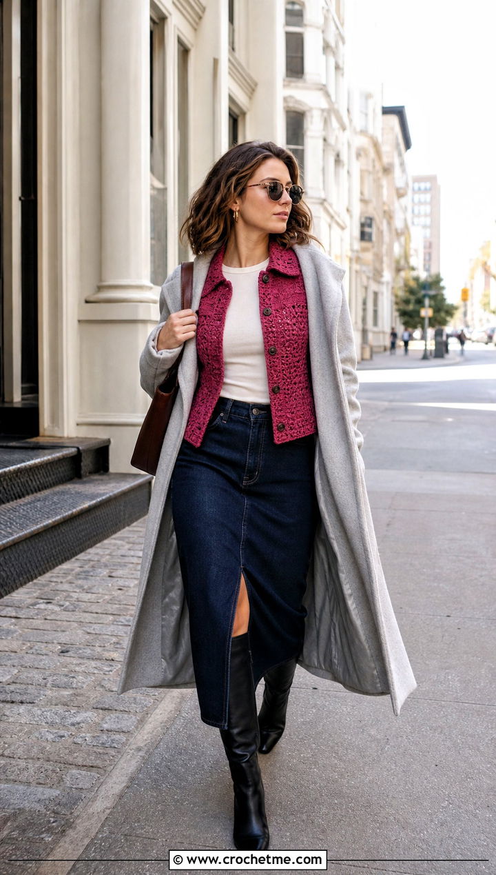 Crochet Jacket With Denim Midi Skirt - 30 winter crochet clothes ideas