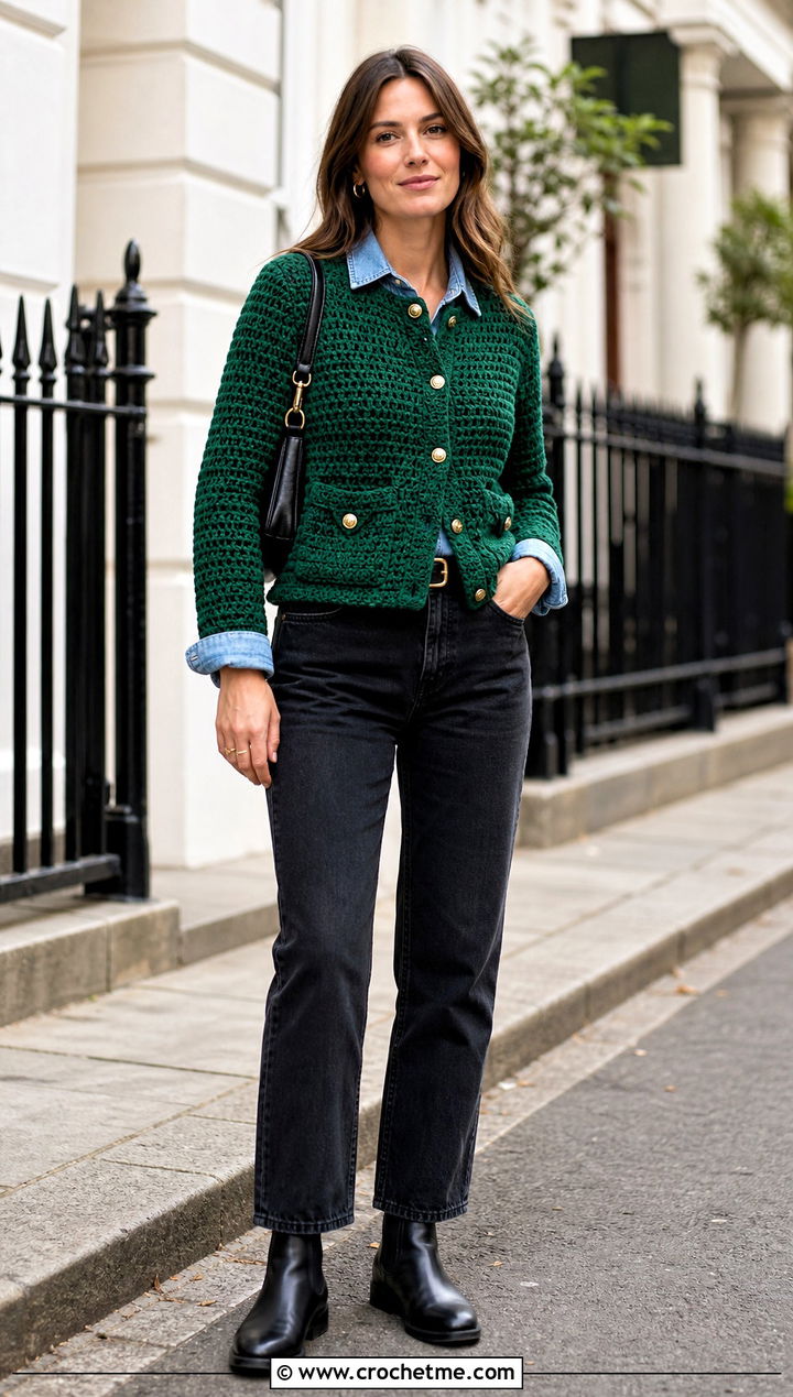 Crochet Jacket With Denim Shirt And Black Jeans - 30 crochet fall outfits ideas