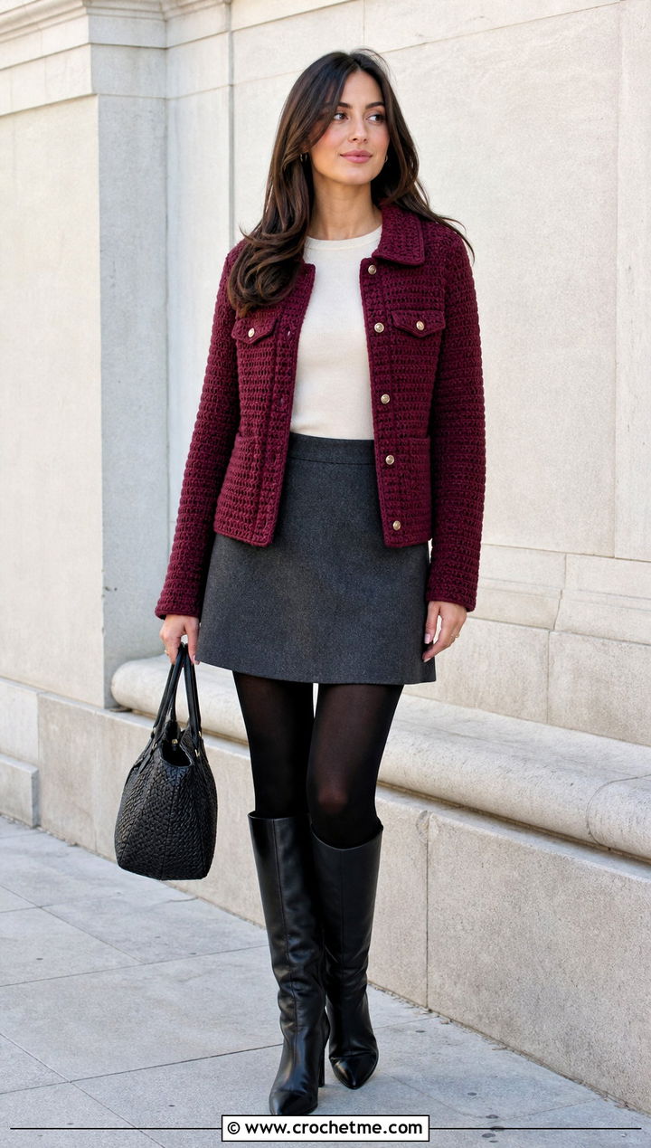 Crochet Jacket With Mini Skirt And Tights - 25 winter crochet outfit ideas