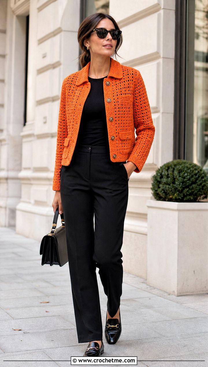 Crochet Jacket With Monochrome Basics - 30 crochet clothes outfit ideas