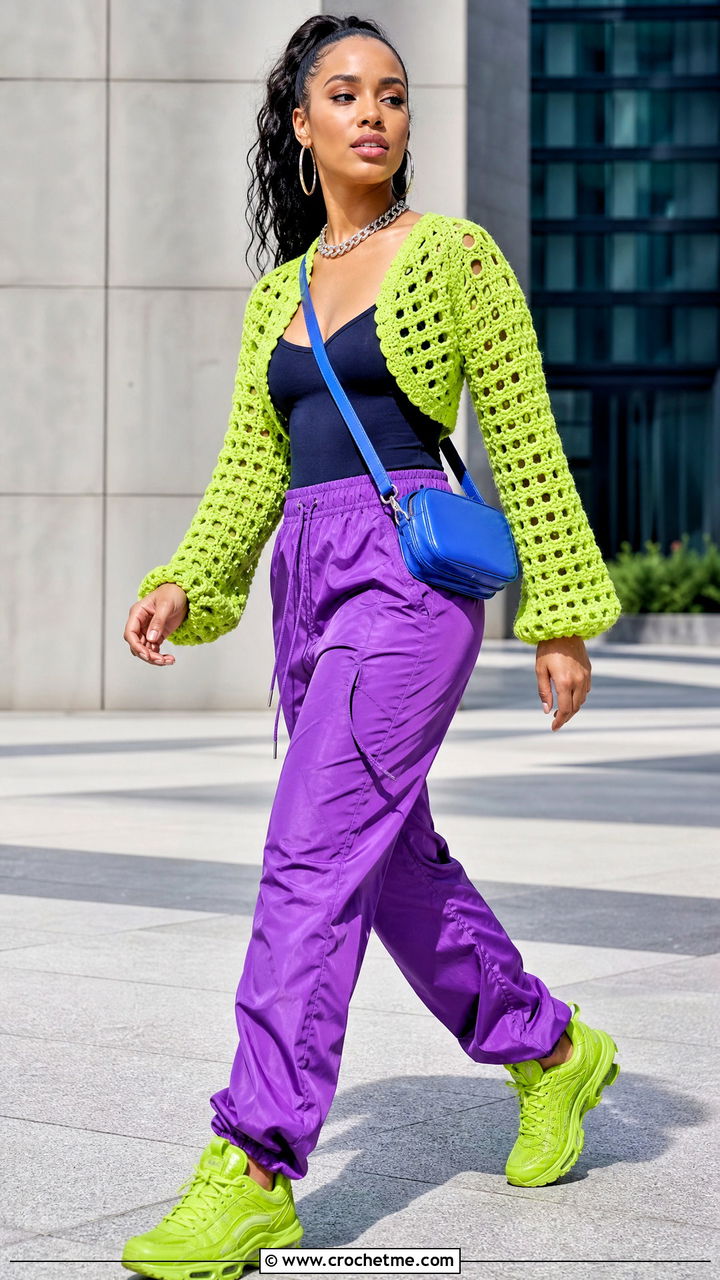 Crochet Jacket With Parachute Pants - 35 crochet jacket outfit ideas