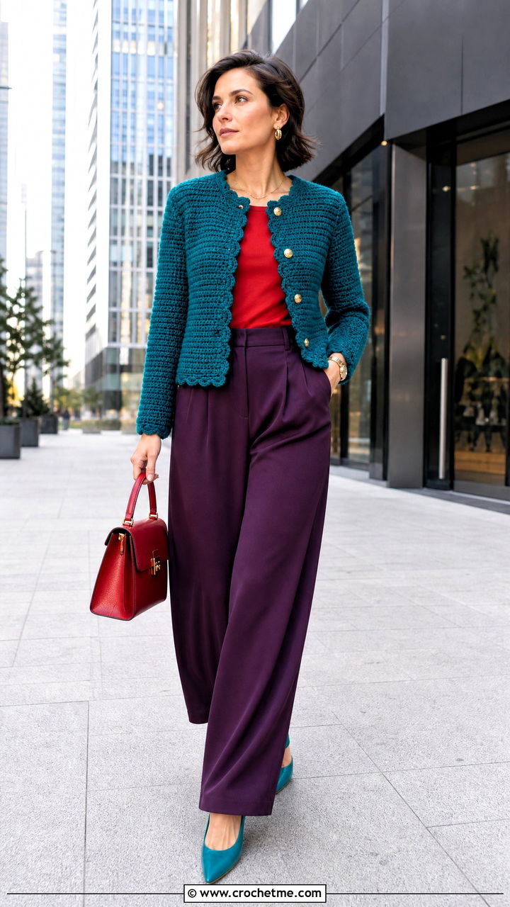 Crochet Jacket With Wide Leg Trousers - 35 crochet jacket outfit ideas