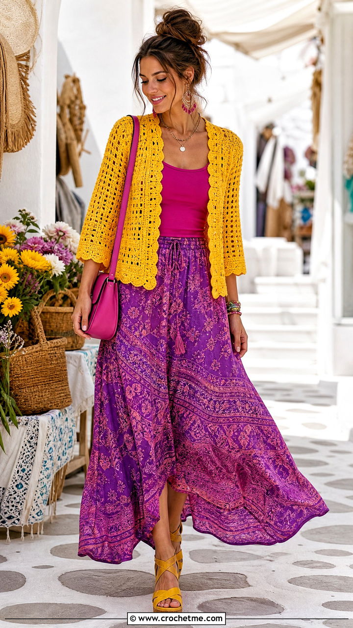 Crochet Jacket With a Boho Maxi Skirt - 35 crochet jacket outfit ideas
